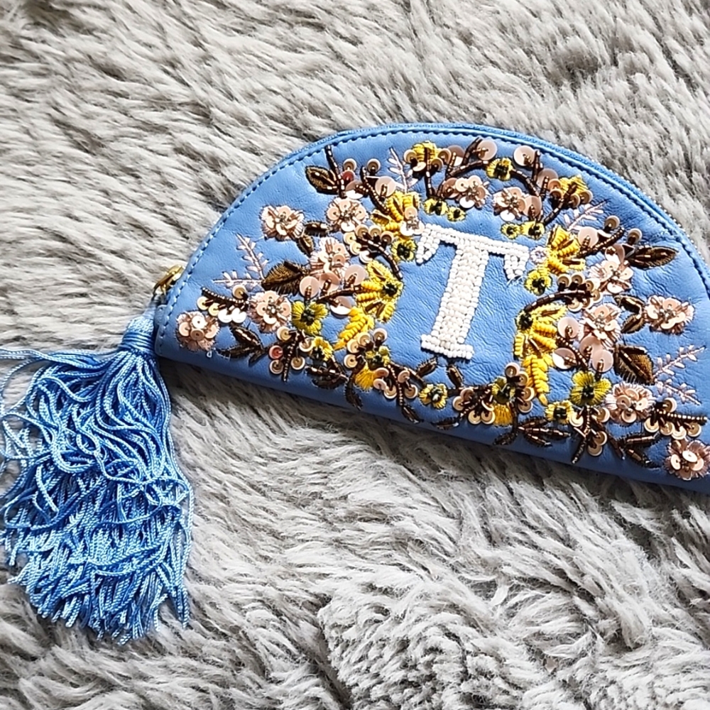 Anthropologie Beaded Monogram Leather Pouch-T